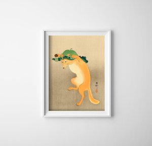 Plakat vintage do salonu Tańczący lis w kapeluszu autorstwa Ohary Koson